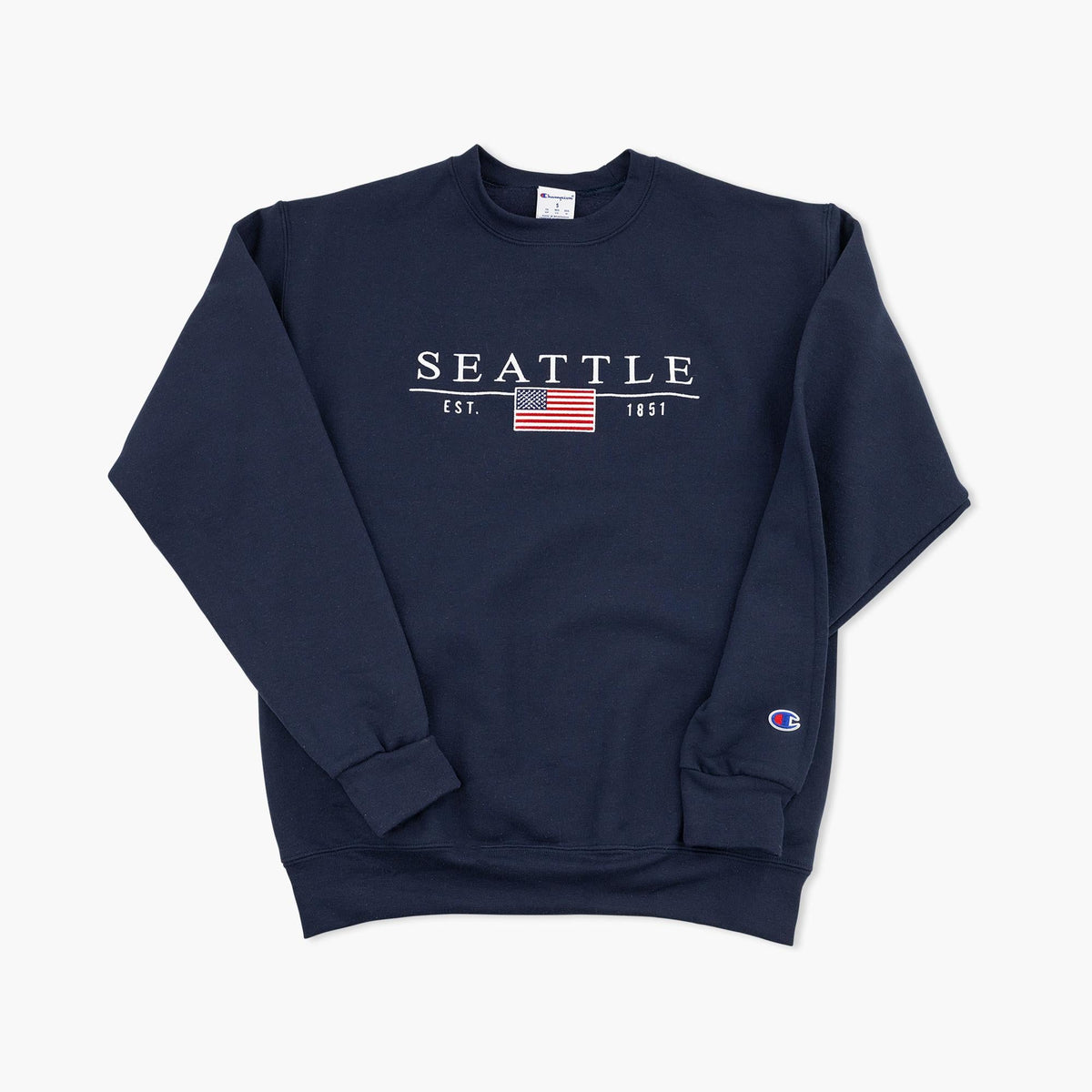 Seattle American Flag Navy Embroidered Powerblend Crewneck