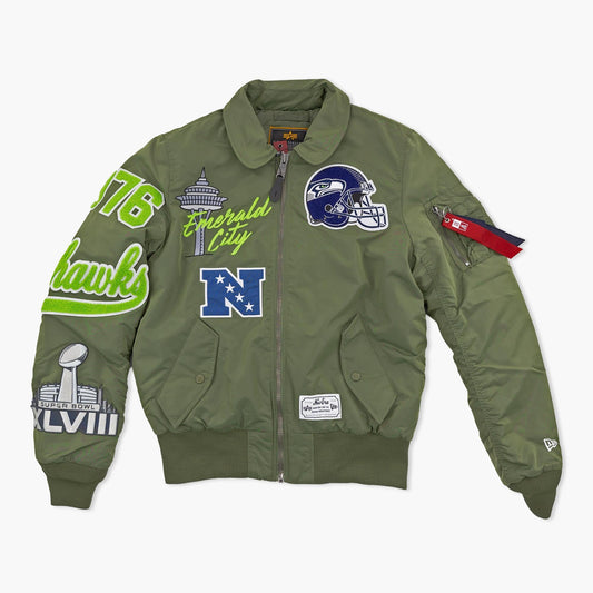 Seattle Seahawks New Era x Alpha Industries 2026 Hunter Green Bomber Jacket