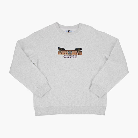 Washington Huskies Husky Stadium Ash Grey Embroidered Crewneck