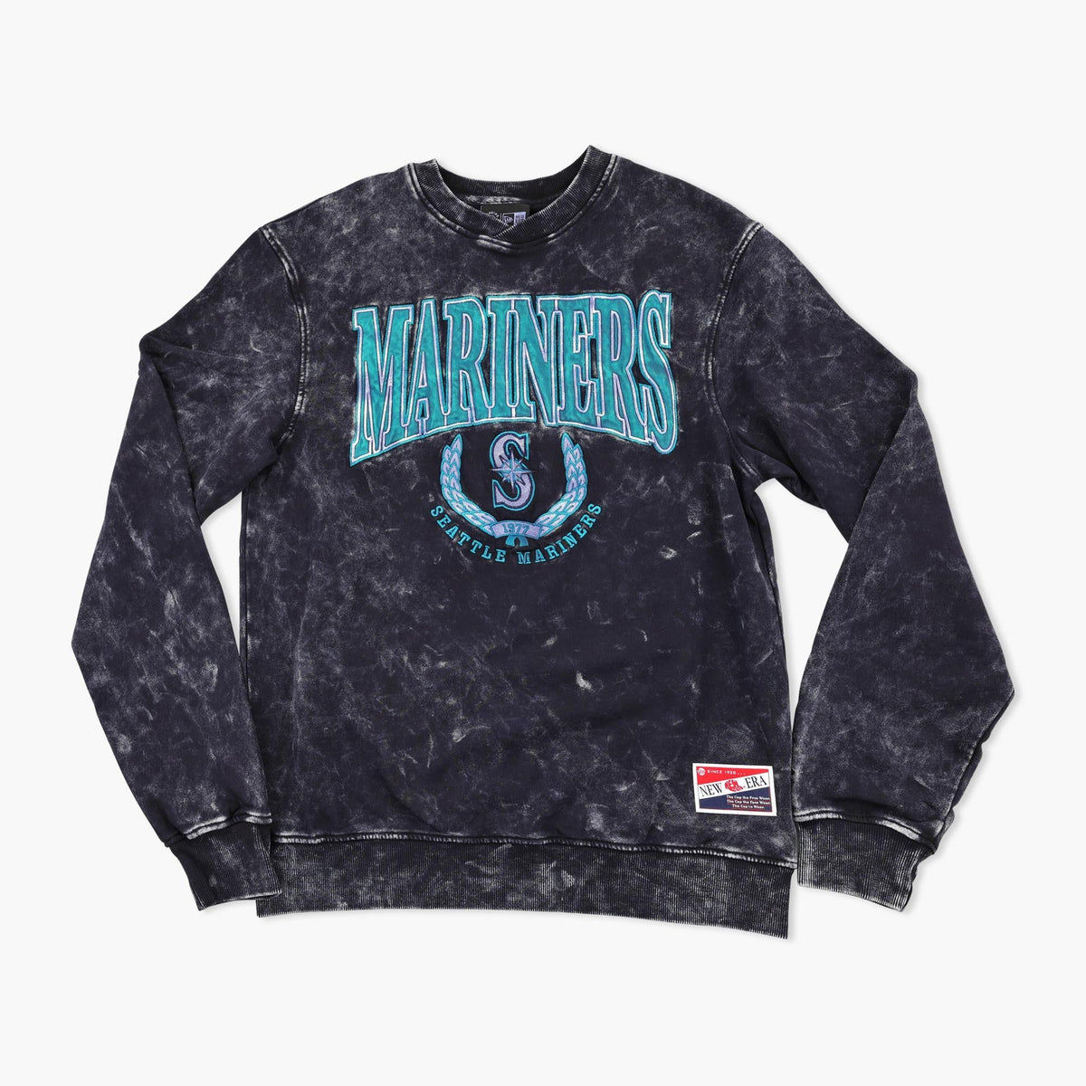 Seattle Mariners Navy Acid Wash Embroidered Crewneck